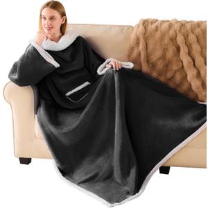 IFNOW Sherpa Wearable Blanket with Sleeves for Women Men Adults, Christmas Birthday Gifts for Women Mom Wife, Cozy Wearable Blanket with Arm and Pocket, Warm Full Body TV Wrap Throw Blanket, Black
