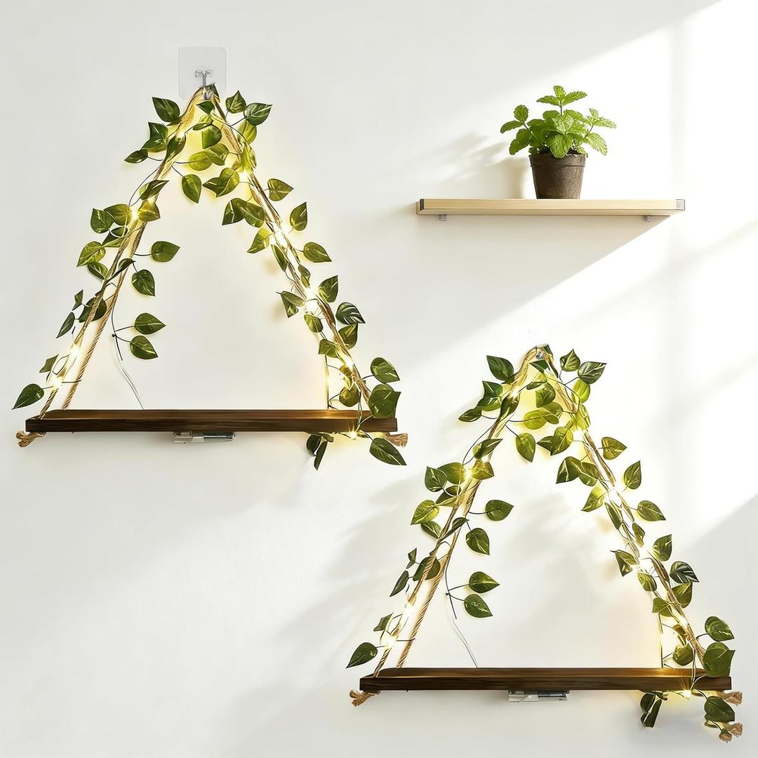 Boho Hanging Shelves for Wall, Set of 1 Wooden Hanging Shelf with LED Lights & Ivy Vines, Decorative Plant Hanging Shelf for Bedroom Living Room Cottagecore Wall Decor