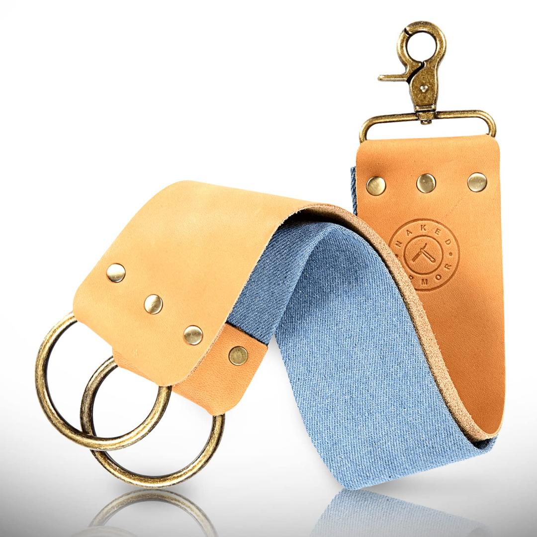 Naked Armor Straight Razor Leather Strop - 2.5" x 15" Cow Leather Razor Blade Sharpener with Brass Hooks, Brown