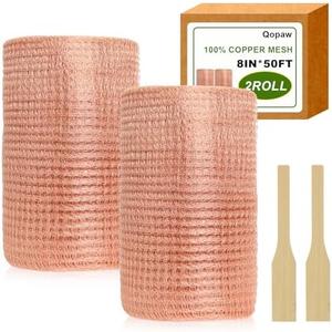8" x 100ft Copper Mesh, Double Layer Pure Wire Mesh, Rustproof DIY Hole Filler, Copper Wool with 2 Pack Wood Stick, for Homes Gardens Sealing Water Opening and DIY (2 Roll (8" x 50ft))
