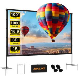 AHOLON Outdoor Projector Screen with Stand - 100 inch Portable Projector Screen Indoor Outdoor Projector Screen 16:9 4K HD Outdoor Movie Screen with Carry Bag Can Enioy Home Theater Projection Screen