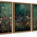 Vintage Wildflower Wall Art Set of 3, Moody Dark Green Flower Botanical Wall Decor Paintings,Nature Floral Farmhouse Landscape Posters Prints Pictures for Living Room Bedroom 16x24 Inch Wood Framed