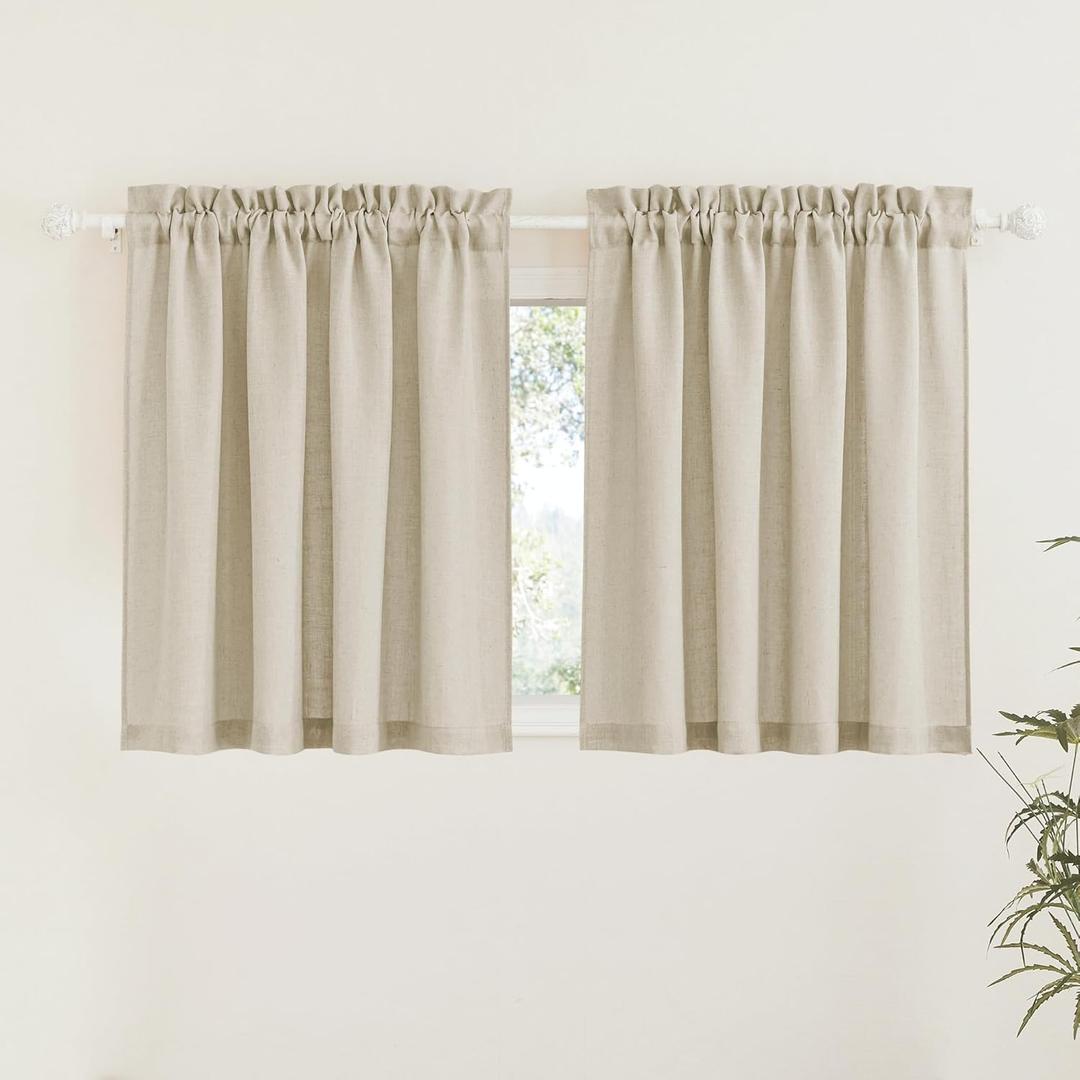 RYB HOME Half Window Curtains - Linen Textured Sheer Curtains Privacy Semi Sheer Drapes for Small Window Tiers Set for Bedroom Kitchen Cafe Bathroom, Beige, W 52 x L 36, 1 Pair