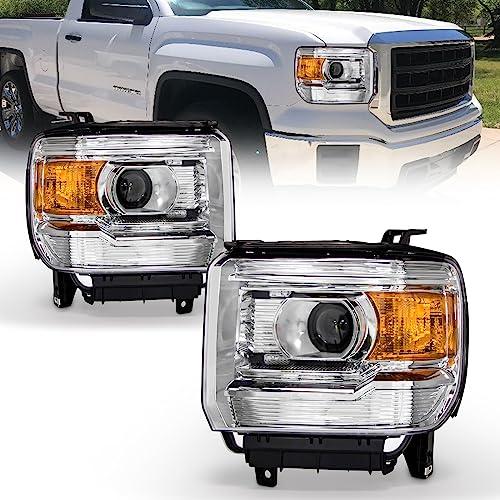 AS Headlight Assembly for 2014 2015 2016 2017 2018 GMC Sierra 1500HD,15-19 GMC Sierra 2500 3500HD Headlights with Chrome Housing Amber Reflector (Not Fits Factory LED DRL or HID)