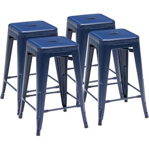 DUMOS Metal Bar Stools Set of 4, 24in Stackable Counter Height Bar Stools, Backless Restaurant Chairs for Kitchen Island, Indoor Outdoor Use, Classic Trattoria Barstools for Dining Room, Blue