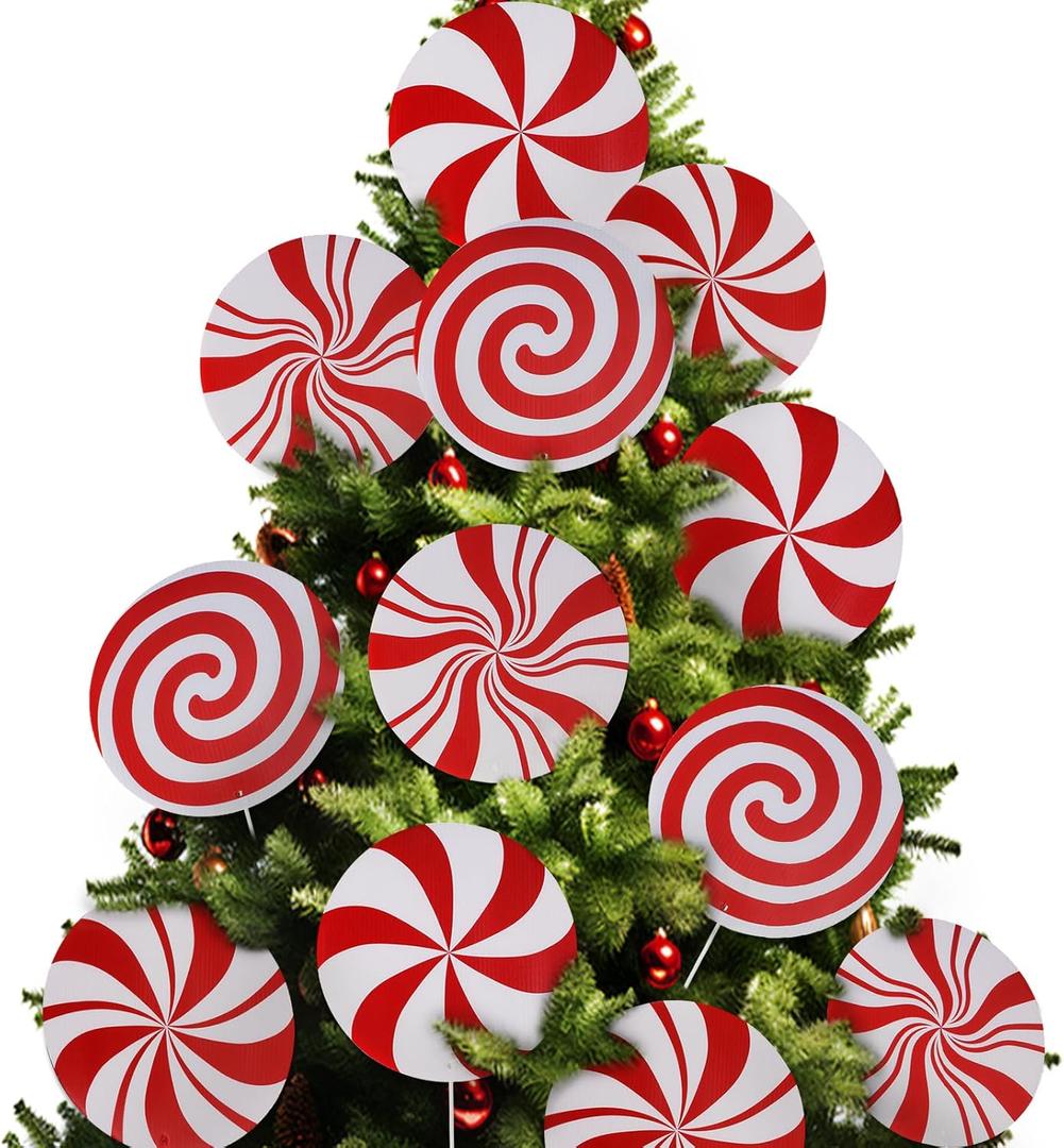 RINOLY 12 PCS Candy Cane Christmas Decorations,8 in Large Double Sided Peppermint Christmas Decorations Tree Ornaments,Plastic Candy Cane Ornaments for Tree Topper Home Vase Xmas Decor