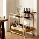 Tempered Glass Bar Cart with Wine Bottle Grid, 10mm Clear Glass Shelf, Rolling Drink Cart with Metal Frame, Glass Top & Wood Shelf, Wood Handle, Locking Wheels, Gold