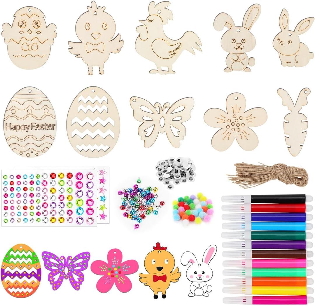 60pcs Easter Wooden Hanging Decorations, 10 Designs Unfinished Wood Bunny Ornament to Paint Egg Wood Cutout Slices Pendants & Pom Poms Stickers Cords Marker for Kids Craft DIY Easter Tree Party Favors