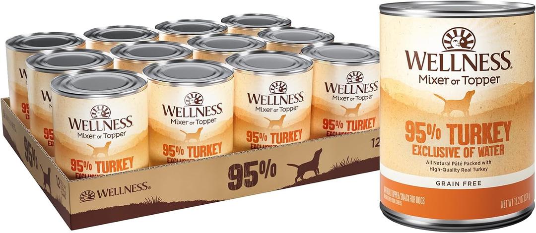 Wellness 95% Turkey Adult Canned Wet Dog Food, Grain Free, Natural, 13.2 oz, Pack of 12 Cans (EXP 04/01/29)
