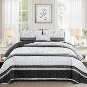 Quilt Set Queen Size, Black Striped Quilt Queen Boho Patchwork Leaves Printed Bedspread Coverlet Set with 2 Pillowcases, 3 Piece Soft Lightweight Microfiber Quilt Bedding Set for All Season (96"x90")