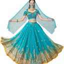 Princess Jasmine Costumes for Women Adult Aladdin Dress UP Halloween Cosplay Belly Dance Outfit (Small, Jasmine Blue)