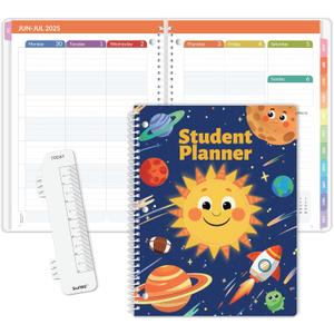 SUNEE Elementary Student Planner 2025-2026, Academic Year Jul. 2025 - Jun. 2026, 8.5"11" School Planner, Datebooks Weekly & Monthly Plan Book with 3-Hole Punched/Bookmark/Monthly Tabs, Solar System