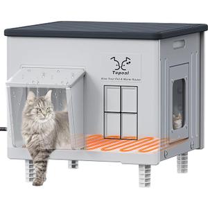 Indestructible Heated Cat House for Outside - Extremely Waterproof & Weatherproof Heated Outdoor Cat House with Escape Door for Winter, Insulated Feral Cat Shelter for Barns Strays, 17.7x15x17.5 in