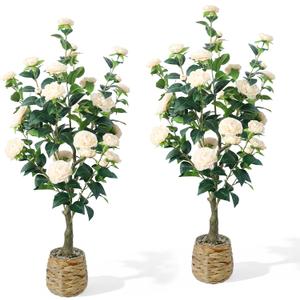 45" H Artificial Camellia Tree 2 Pack - Woven Planter with 28 Flowers,Faux Plant for Office Decor & Indoor Outdoor Home Wedding Decor(White)