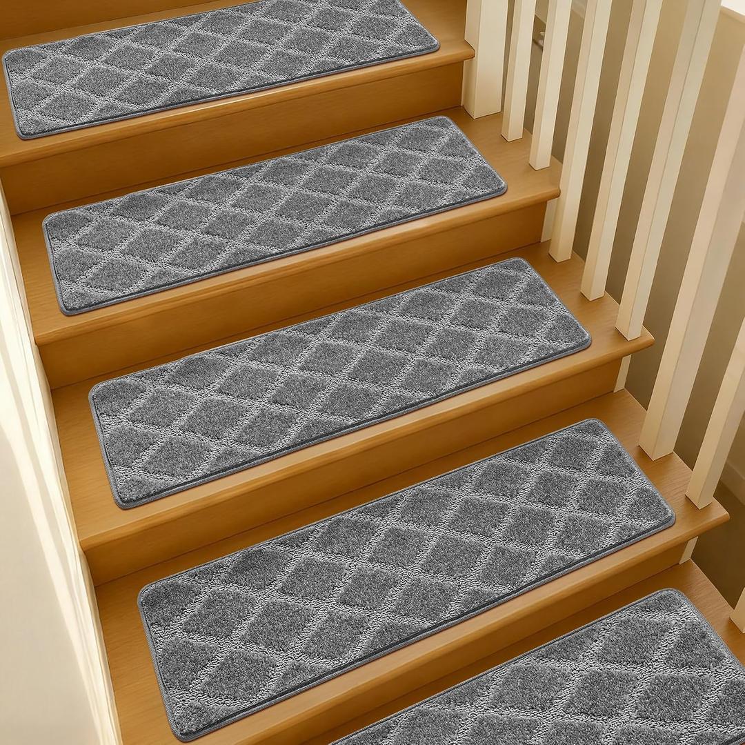 9.5"x36" Stair Treads for Wooden Steps Indoor, 15 Pcs Non Slip Peel and Stick Carpet Stair Treads, Washable & Reusable Self Adhesive Stair Runner Rug for Kids Elders Pets - Gray