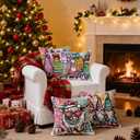 Preppy Retro Pink Christmas Pillow Covers 18x18 Set of 4, Kids Room Christmas Decor, Funny Xmas Tree Town Highland Cow Gnome Decorative Throw Pillow Covers Pillowcases for Home Kids Bedroom