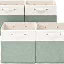 FinishingBo 13 x 13 Inch Fine Linen Storage Bins with HandlesFabric Cube BoxsBasket Organizers for Shelves for Home, Closet Drawers (White/Green-4 Pack )