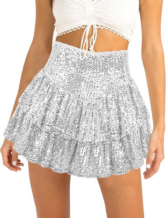 FEOYA Women Sequins Ruffle Skirt High Waist Glitter Flowy Skirt Layered Shiny Mini Skirt Built in Shorts L Silver