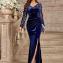 MISSMAY Women's Elegant Velvet V Neck Ruched Split Evening Long Dress (Blue, XL)