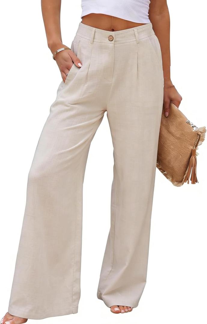 heipeiwa Women's Linen Pants Casual High Waist Wide Leg Straight Dress Cotton Linen Button Trouser Summer Clothes, Beige, Medium