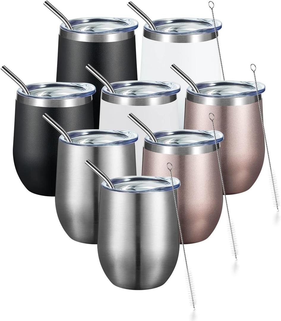 COMOOO Stainless Steel  Tumbler with Lid and Straw 12oz Double Wall Vacuum Insulated Travel Tumbler Cup for Coffee,  Cocktails, Champagne (Black White Silver and Rose Gold,8 Pack)