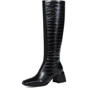 Knee High Boots for Women 70s Boots with Chunky Heel, Square Toe Tall Boots Side Zipper Block Heel Dress Boots (Black)
