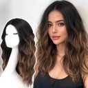 AISI HAIR 18 inch Honey Highlight Dark Brown Wig for Women Medium Length Wave Curly Glueless Synthetic Heat Resistant Hair Wigs for Daily Party Cosplay