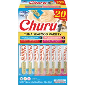 INABA Churu Cat Treats, Lickable, Squeezable Creamy Pure Cat Treat with Green Tea Extract & Taurine, 0.5 Ounces Each Tube, 20 Tubes, Tuna & Seafood Variety Box (EXP 02/11/28)
