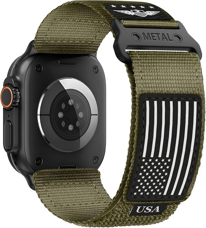 Rugged Nylon for Apple Watch Ultra 2 Band 49mm iWatch Bands 46mm 45mm 44mm 42mm Men, Soft Woven Adjustable Stars-Stripes Flag Wristbands Strap for Apple Watch Ultra Series 10/9/8/7/6/5/4/3/SE/Ultra2 (4-USA Flag-Green)