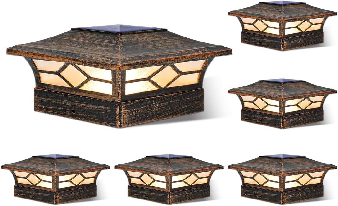 Solar Post Cap Lights Outdoor 6pack, Waterproof Solar Powered Deck Fence Post Lights for 4x4 Wood/Vinyl Posts, Solar Outdoor LED Light with Cool/Warm Lighting Decorate Garden Patio Porch (Brushed Copper)