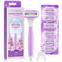 Razors for Women Include 1 Non-Slip Handle and 7 Blade Refills with a Shower Holder, 5 Premium Blades Women's Razors for Shaving with 360 Lubrication Reduces Irritation, Purple