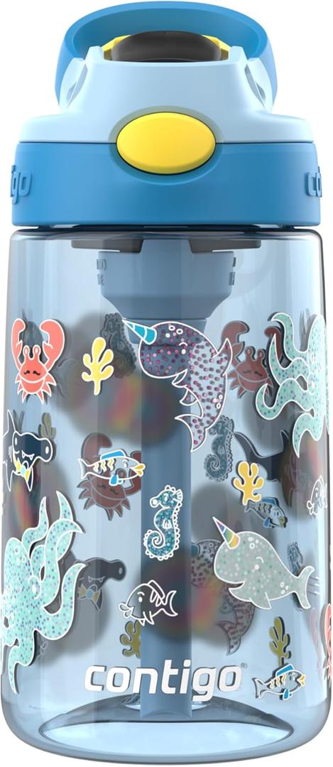 Contigo Kids Water Bottle with Redesigned AUTOSPOUT Straw, 14 oz (Glacier (Sharks GFX))