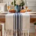 Boho Table Runner for Modern Farmhouse Decor, Dining Table décor 13 x 72 Inch Long with Handcrafted Tassels, Navy Blue and Beige Stripe Table Runner for Home Boho décor