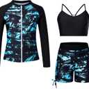 Funnycokid Girls Size 14 Swimsuit 13 Bathing Suits Kids Green Rash Guard Long Sleeve Swimwear with Shorts Bikini Zipper Swim