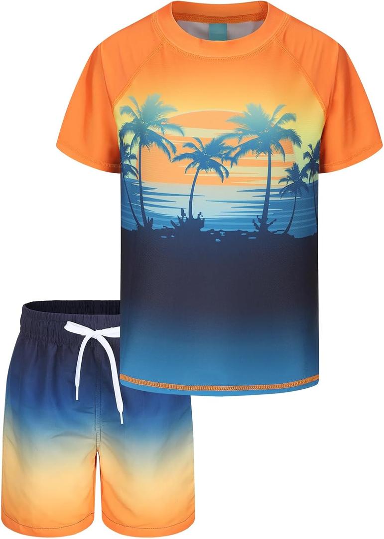 Boys Rash Guard Swimsuits Set for Boys Short Sleeve Swim Shirts with Trunks 2 Piece Quick Dry Swim Set (Blue)