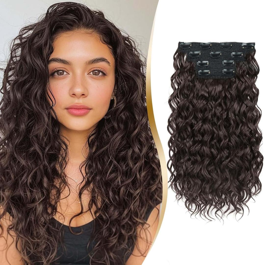 Clip in Hair Extensions 4 PCS, 16 Inch Short Wavy Curly Clip on Hair Extension, Thick Natural & Soft Synthetic Hairpieces for Women (Chocolate Brown)