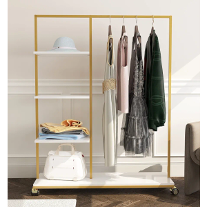 HOMEKAYT Gold Clothing Rack with Shelves Heavy Duty Garment Rack 4-tier Gold Clothes Rack Modern Display Rack for Home, Boutique, Retail- 47''L