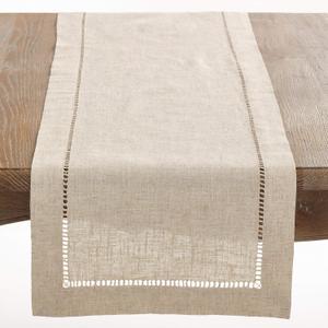 Saro Lifestyle Poly and Linen Blend Hemstitched Table Runner with Hemstitch Border, 16"x120", Natural