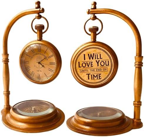 ALADEAN Brass Table Clock with Compass | Romantic Desk Clock - Decorative Vintage Mechanical Clock Lovers Boyfriend/Husband Birthday/Wedding Gifts (Love You), 1pc