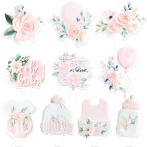 Baby in Bloom Cupcake Toppers (30 Pack) Floral Baby Shower Decorations, Garden Theme Cupcake Picks, Pink Blush Wildflower Dessert Toppers for Girl Baby Shower Party decor