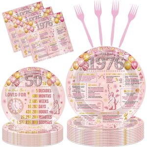 50th Birthday Party Decorations - 96 Pcs Pink Rose Gold Happy 50 Years Old 1976 Paper Party Plates and Napkins Tableware Set Disposable Vintage Cheers Supplies Decor for Women Serves 24 Guests