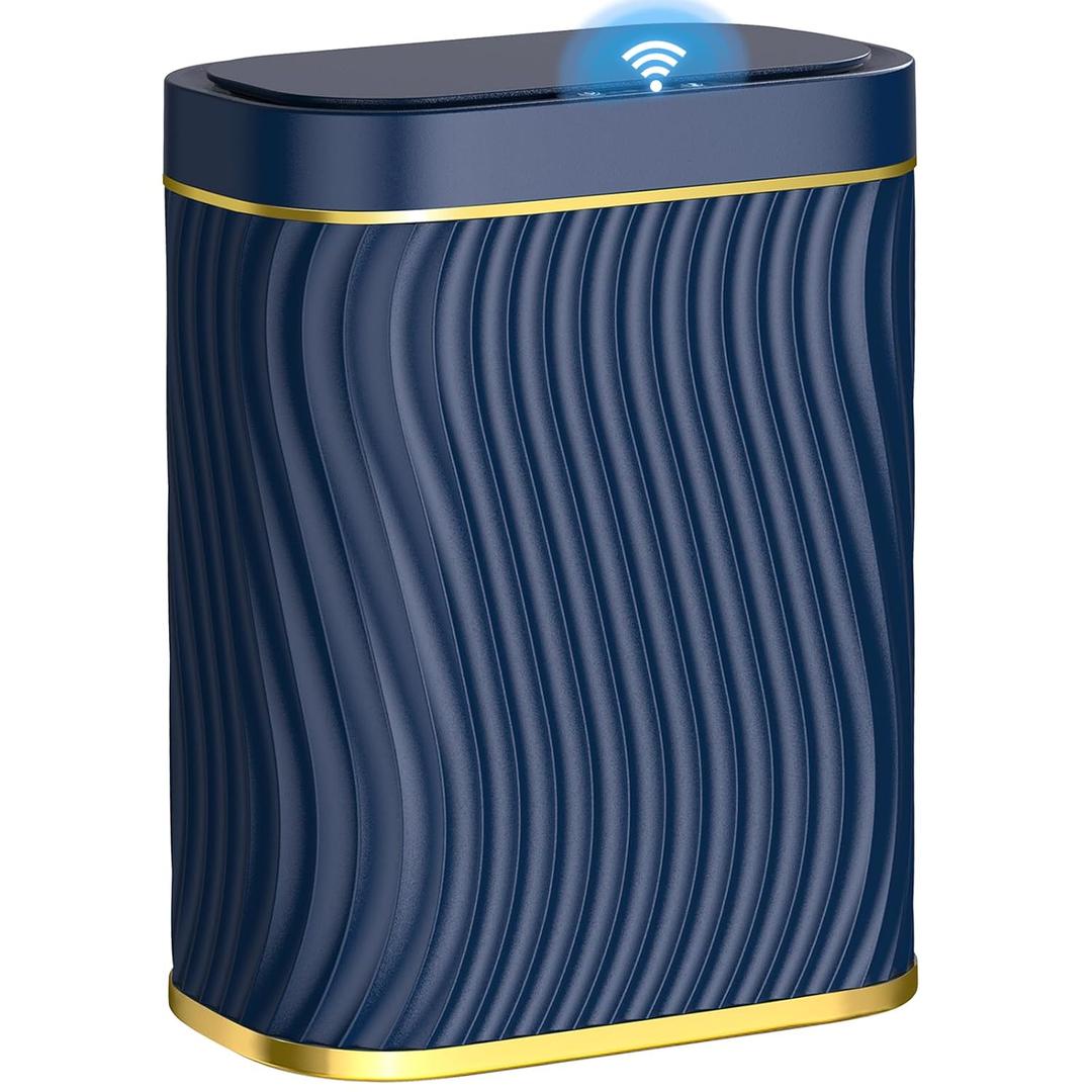 Bathroom Small Trash Can with Automatic Touchless Lid, 2.6 Gallon Smart Garbage Can Narrow Waterproof Trash Bin for Bedroom, Office, Living Room (Gold Blue)