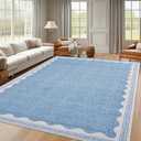 Scalloped Washable Rug 9x12 Area Rugs for Living Room, Solid Blue Rug for Bedroom Girls, Non Slip Throw Mat with Rubber Back, Soft Dorm Nursery 9x12 Carpet for Dining Room