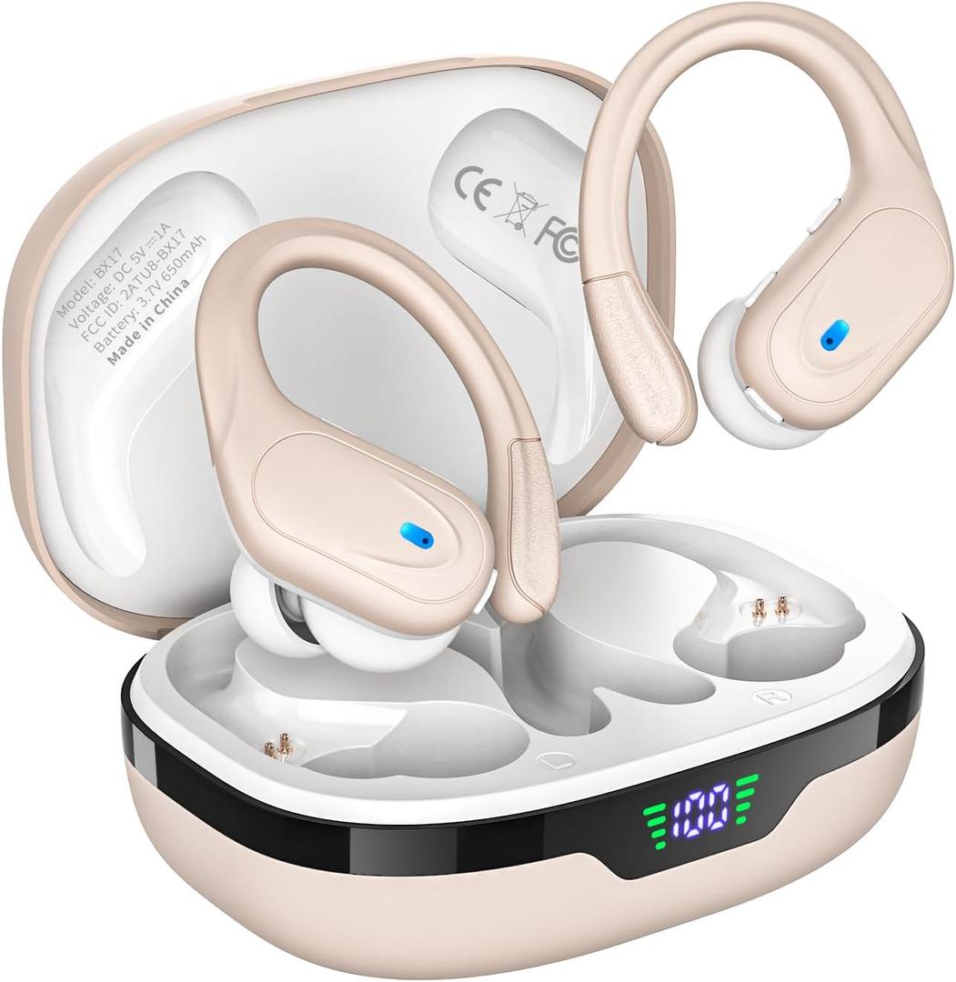 Wireless Earbuds, Sports Bluetooth Headphones, 80Hrs Playtime Ear Buds with LED Power Display, Noise Canceling Headset, IPX7 Waterproof Earphones for Workout/Running (Camel)