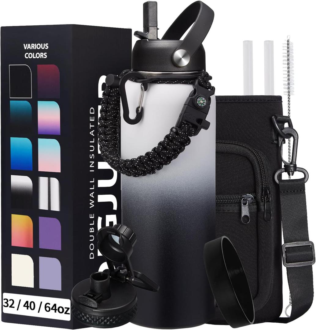 Stainless Steel Water Bottle 40oz with Straw & Auto Spout Lids, Paracord Handle, Insulated Water Flask Carrier Bag & Protective Boot, Thermo Bottle Mug Metal Canteen Keep Cold-48H & Hot-24H (White Black Gradient)