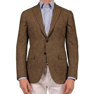 Men's Tweed Blazer Casual Herringbone Premium Two-Button Slim-Fit Dress Suit Jacket Business Sport Coat (14Y Brown)