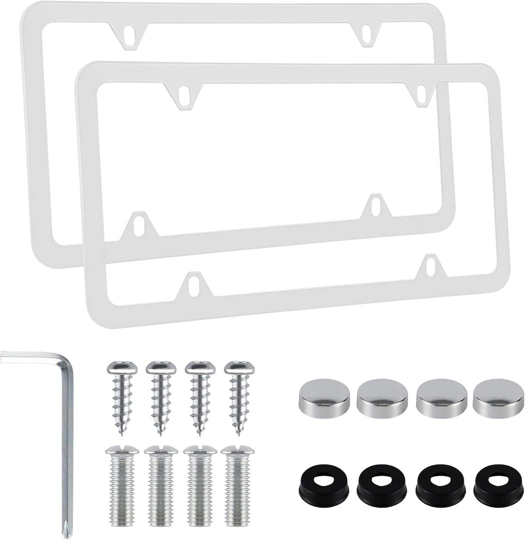 alpmosn 2PCS Stainless Steel License Plate Frames, 4 Holes Car Licence Plate Covers with Screws Washers and Caps, Car Exterior Accessories, License Plate Holder for US Vehicles (White)