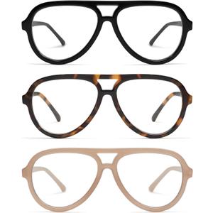 AMOMOMA 3 Pack Retro Oversized Aviator Reading Glasses for Women Men,Classic Large Reader Blue Light Computer Frame AM6111 (C1.black+c2.tortoise+c4.milky Brown)