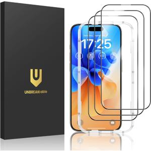 UNBREAKcable 3-Pack Glass for iPhone 15 Pro Screen Protector, Double Shatterproof Tempered Glass [Easy Installation Frame] [9H Hardness] [Full Coverage] [HD Clear] for iPhone 15Pro 6.1 inch