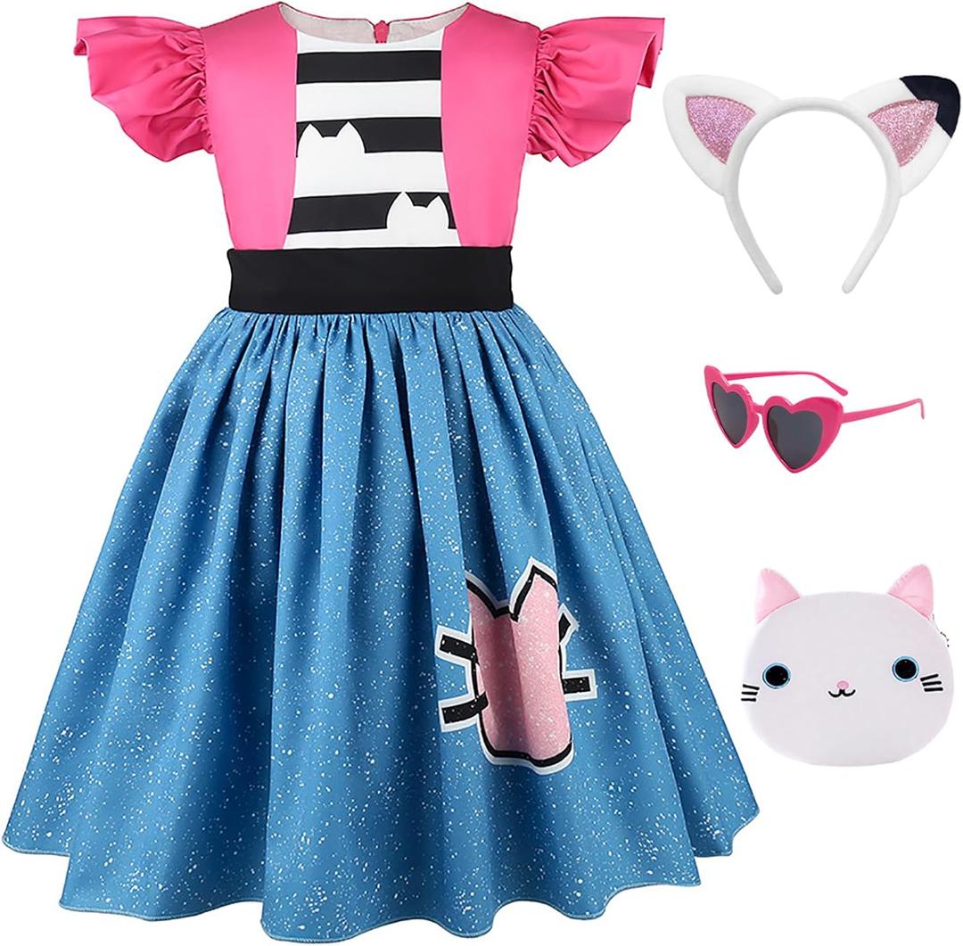 keaiyouhuo Kids Princess Cat Costume Girls Ruffle Sleeve Casual Dresses with Headband Halloween Christmas Birthday Dress up (5-6 Years, Rose Red)